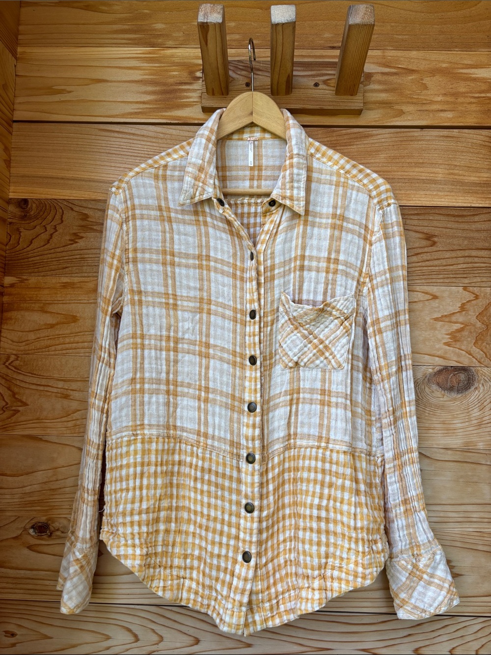 Free People Lyndsy Buttondown Shirt Plaid Mixed Gingham Cotton Yellow Medium - Picture 2 of 7